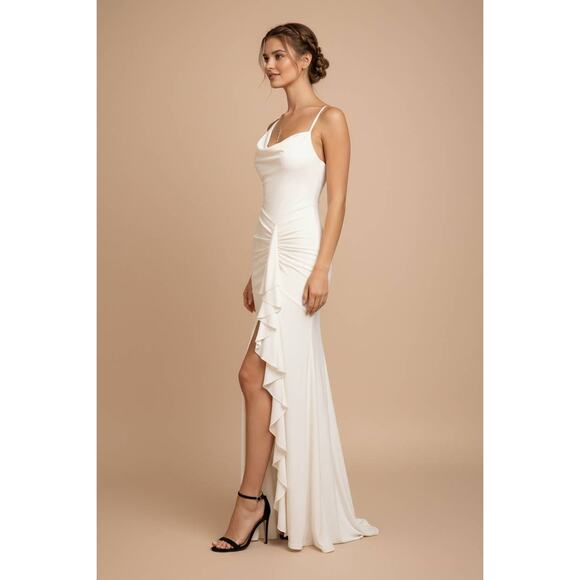 Shakira Formal Maxi Dress Women Medium Black Ruffle Slit Elegant Evening NWT - Picture 8 of 12